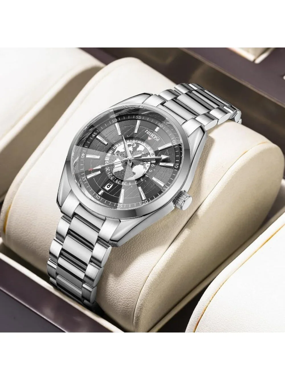 Men's Silver Black Analog Quartz Stainless Steel Waterproof Casual Wrist Watch